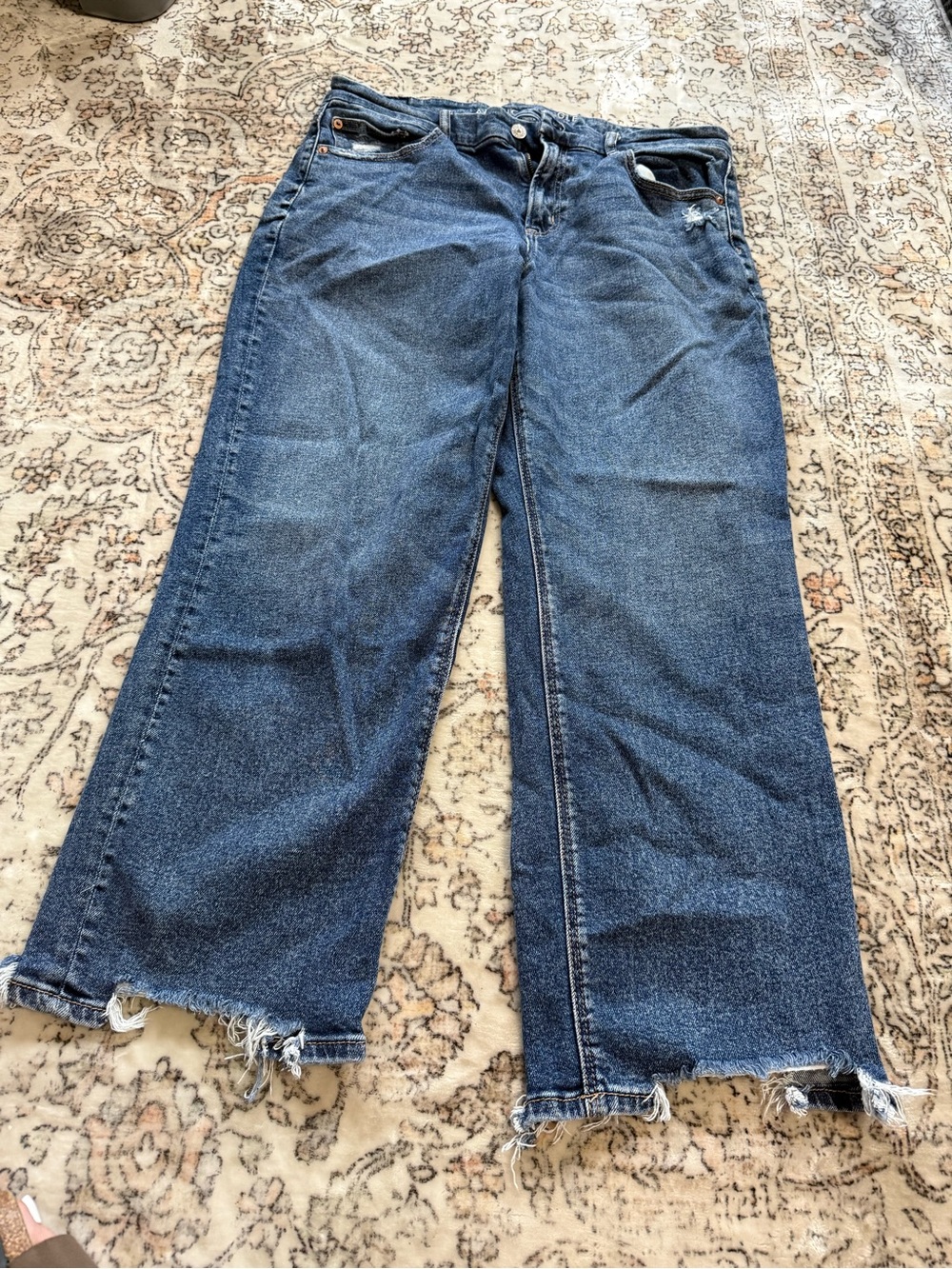 American eagle curvy straight Leg Frayed Hem Dark Blue Jeans 14 short